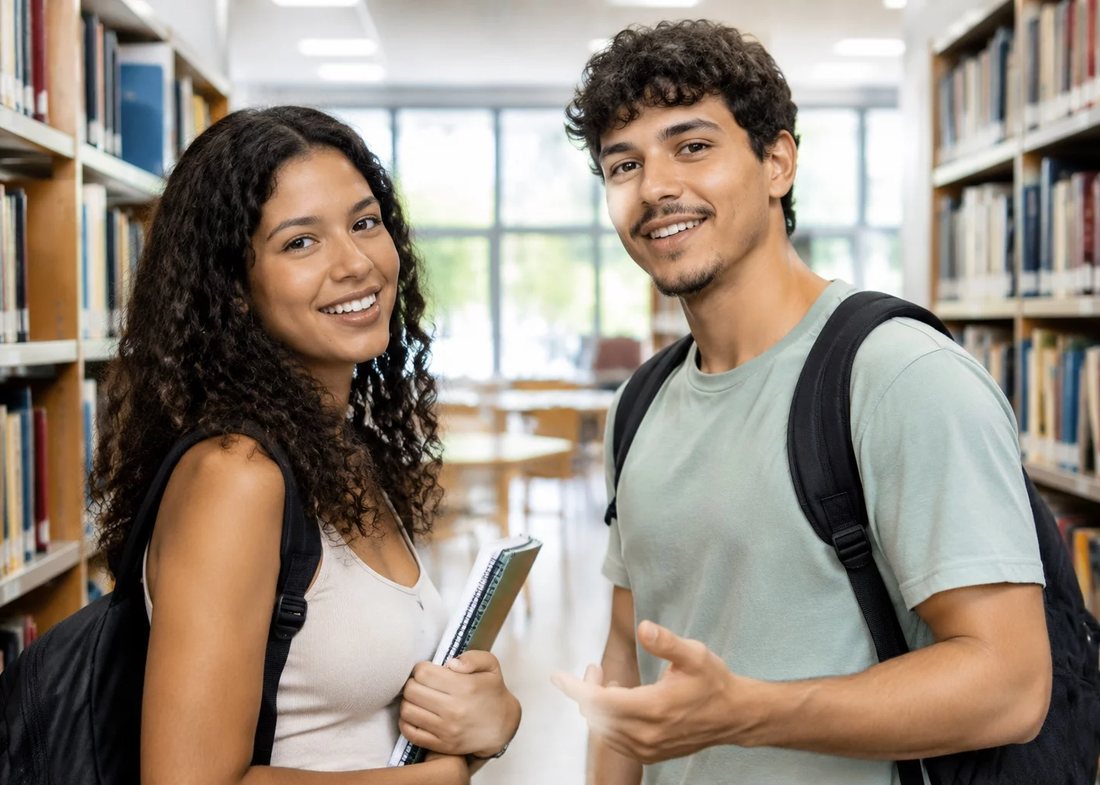 Participantes de pé no corredor entre estantes altas, conversando entre duas rodadas