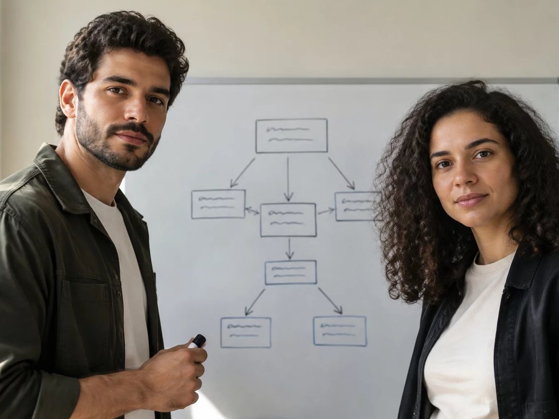 Dupla em pé diante de um quadro branco com o esqueleto de um argumento desenhado